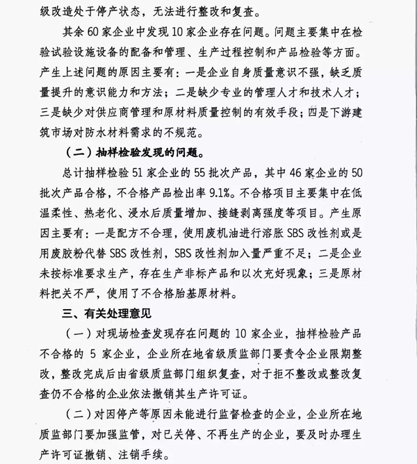2017防水卷材專項(xiàng)督查結(jié)果:10家企業(yè)有問(wèn)題!5批次產(chǎn)品不合格!